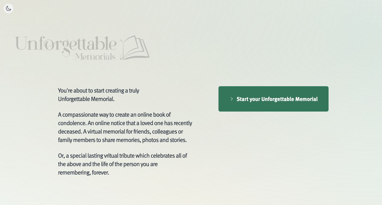 The first screen of the Create an Unforgettable Memorial process.