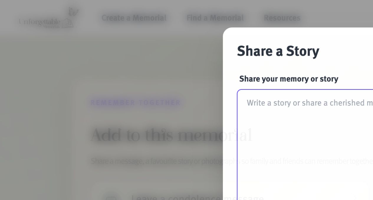 The Share a Story form on a memorial page.
